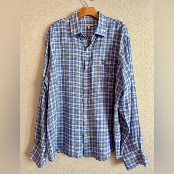 Peter Millar Seaside Commons Plaid Linen Long Sleeve Blue Men’s Shirt XL - Picture 3 of 12